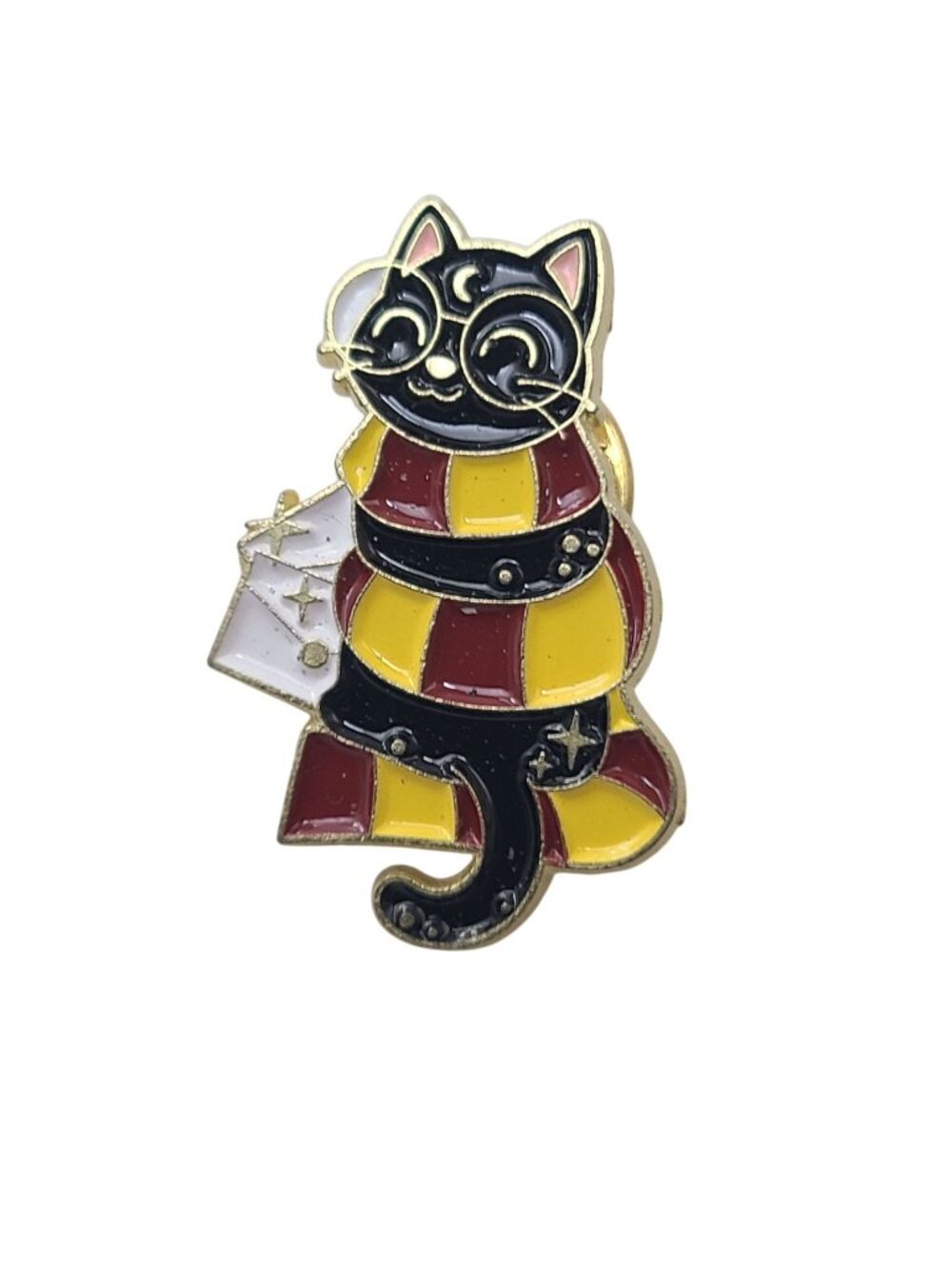 Black Cat Enamel Lapel Pin Red Gold Scarf Wizard Witchy Gothic Style